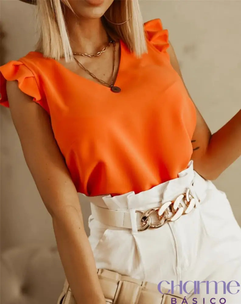 Blusa Albany Com Babado Nas Mangas Laranja / Pp