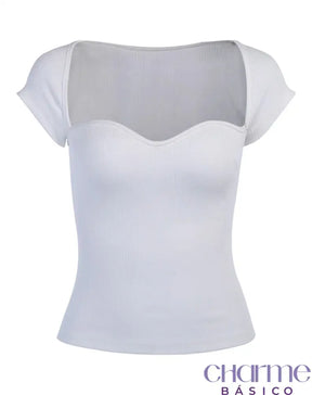 Blusa Canelada Navel Decote Coração Curta Blusa Navel Manga Curta