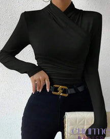 Blusa Curvelo Com Gola Transpassada E Mangas Longas Preto / Pp