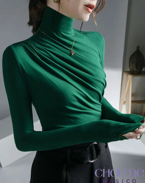 Blusa Fusion Com Gola Alta E Pregas Frontais Verde Escuro / Pp