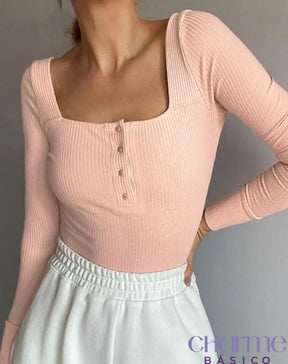 Blusa Henley Decote Quadrangular Rosa / Pp