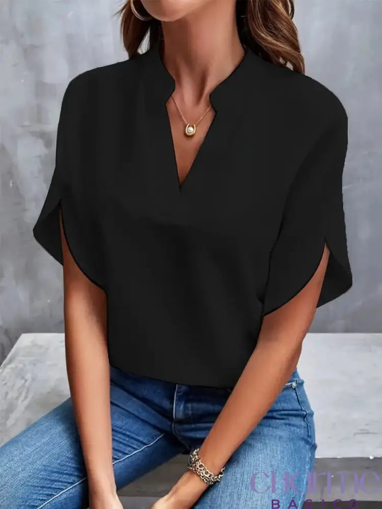 Blusa Pancetta Com Mangas Curtas E Decote V Preto / Pp