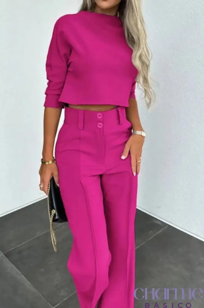 Conjunto Calça Flare E Cropped Manga 3/4 Ab456 Rosa / P