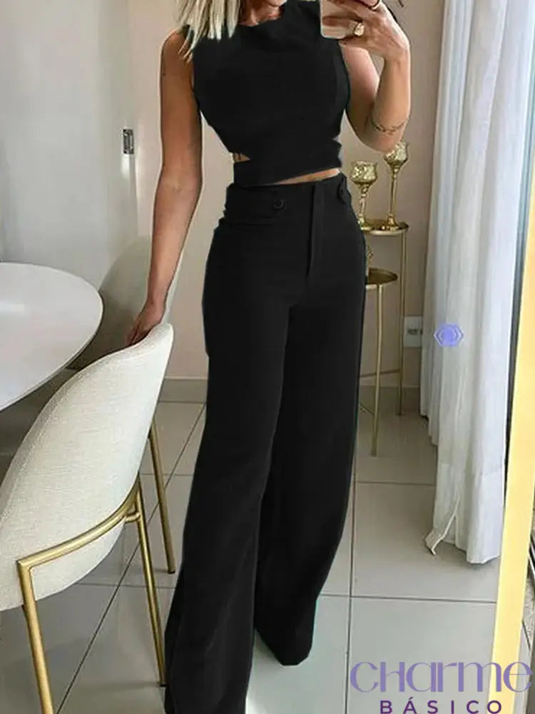 Conjunto Calça Pantalona E Blusa Com Recortes Ab409 Preto / Pp