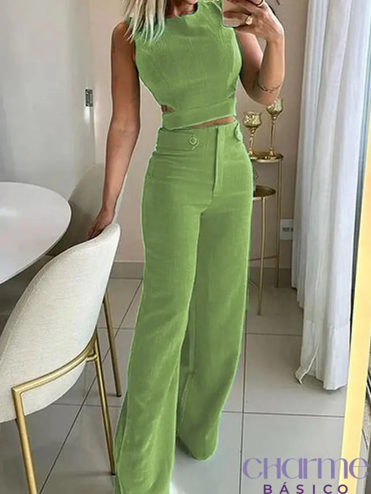 Conjunto Calça Pantalona E Blusa Com Recortes Ab409 Verde / Pp