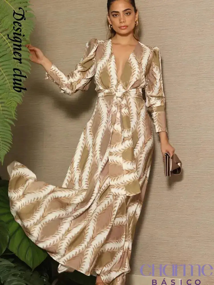 Chic Printed Lace Up Maxi Dress For Women Sexy Slim V Neck High Waist Long Sleeve Robe 2023 Autumn