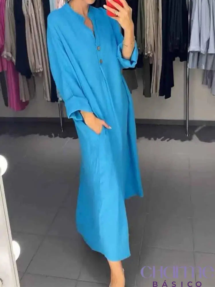 Vestido Ana - Simplicidade E Elegância Em Linho Azul Céu / P