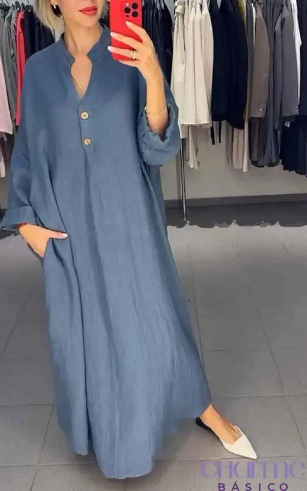 Vestido Ana - Simplicidade E Elegância Em Linho Azul / P