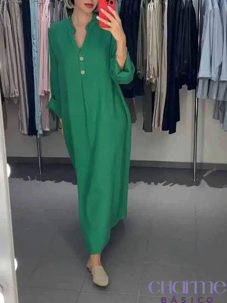 Vestido Ana - Simplicidade E Elegância Em Linho Verde / P