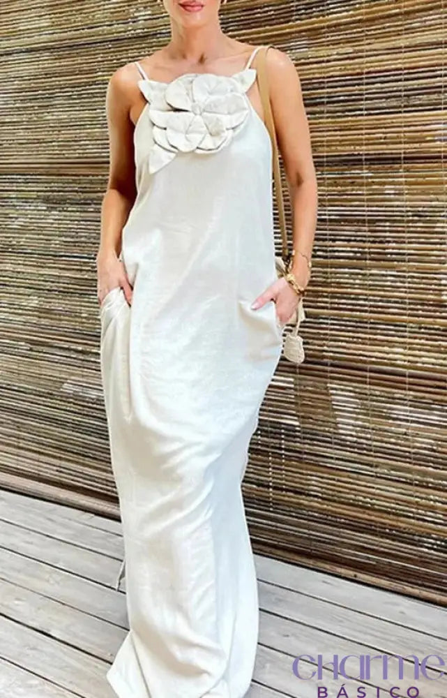 Vestido Com Aplicação De Flor E Bolsos Ab267 Branco / P