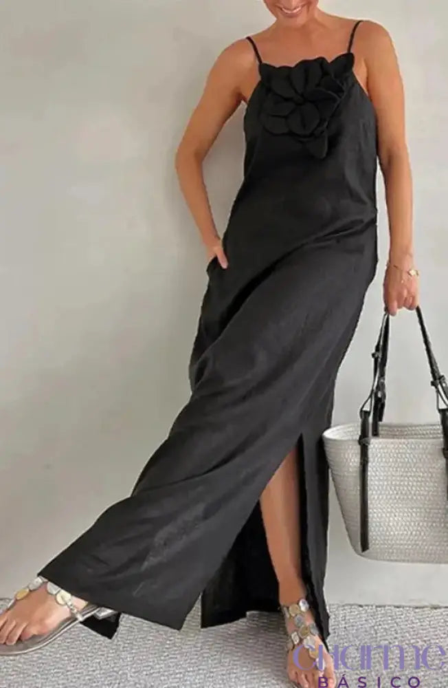 Vestido Com Aplicação De Flor E Bolsos Ab267 Preto / P