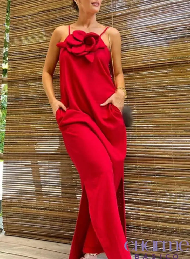 Vestido Com Aplicação De Flor E Bolsos Ab267 Vermelho / P