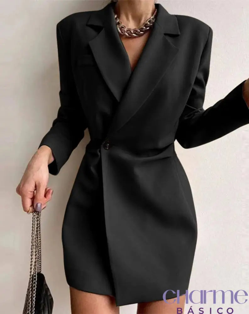 Vestido Curto Estilo Blazer Com Mangas Longas Preto / Pp