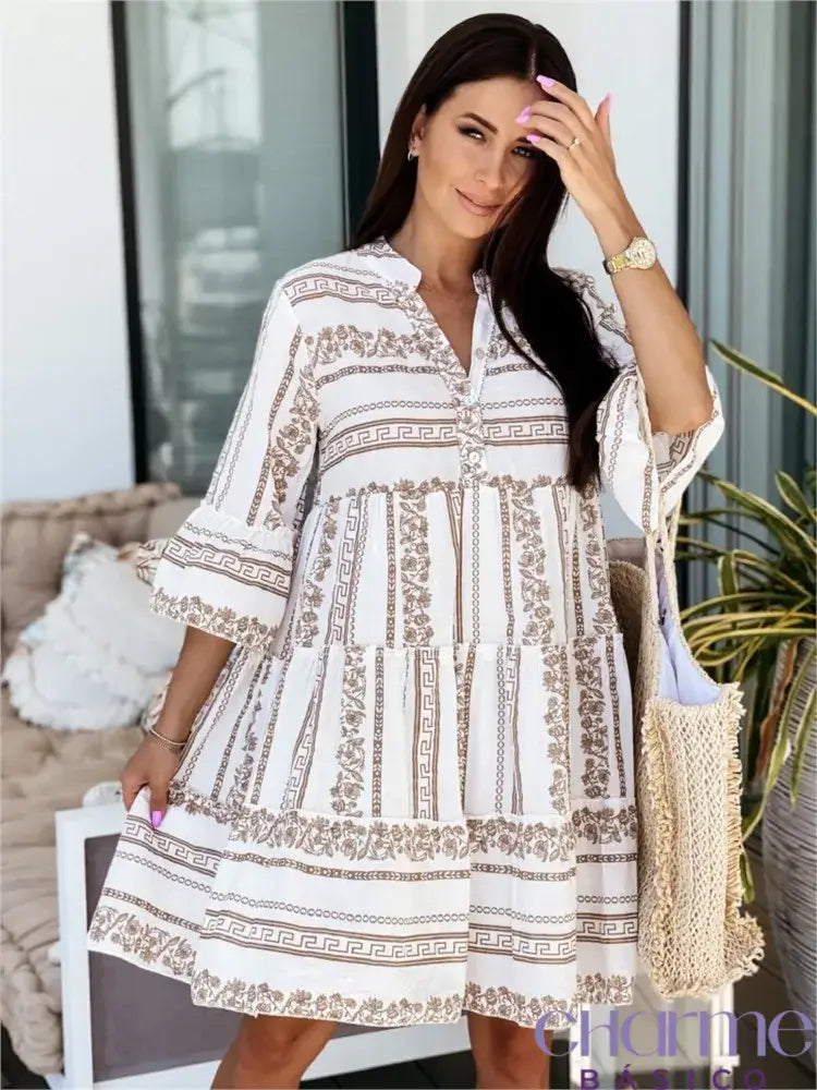 Women Print Dress Fashion V Neck Casual Loose Beach Party Dresses For Robe Femme 2023 New Elegnat