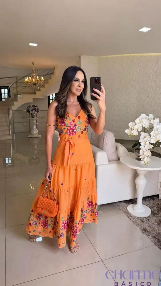 Vestido Flora – Romântico E Encantador Em Algodão Premium Laranja / P