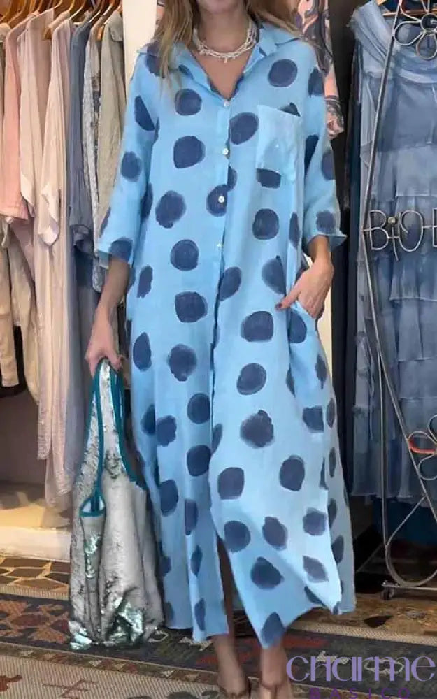 Women’s Lapel Polka Dot Cotton And Linen Dress