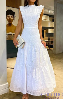 Vestido Longo Guipir Com Botões Ab258 Branco / P