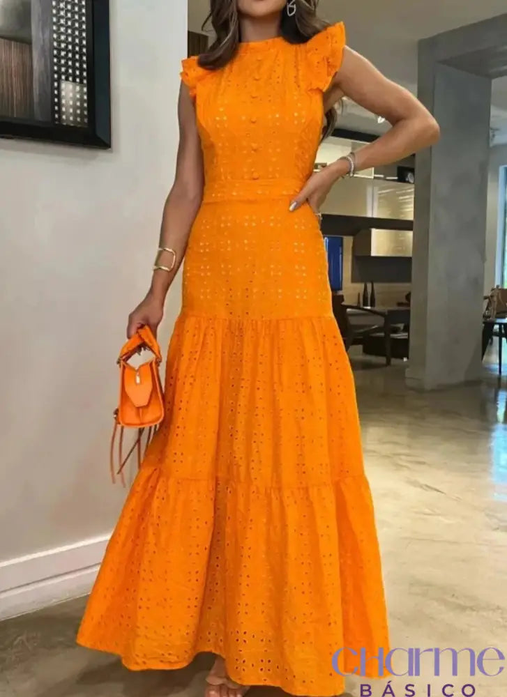 Vestido Longo Guipir Com Botões Ab258 Laranja / P