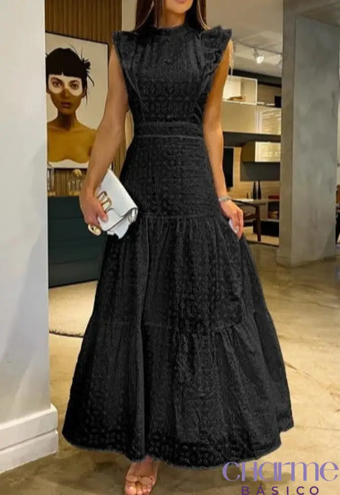 Vestido Longo Guipir Com Botões Ab258 Preto / P