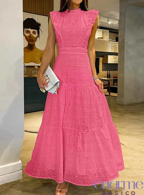 Vestido Longo Guipir Com Botões Ab258 Rosa / P