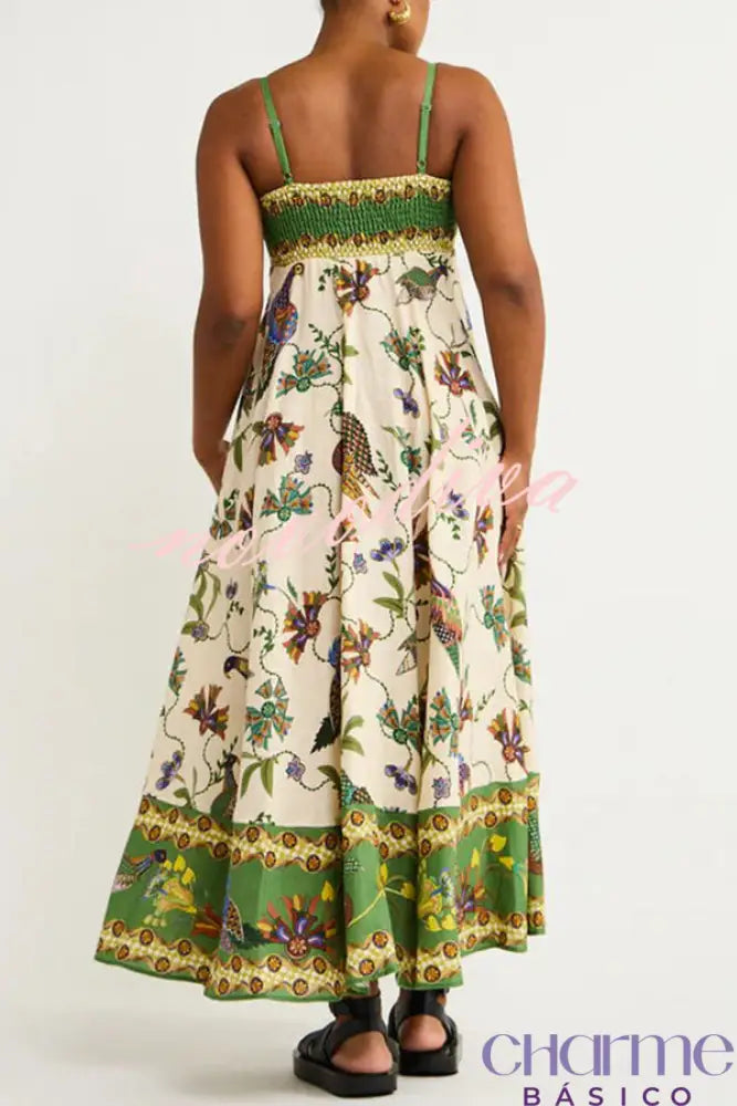 From Sun Drenched Linen Blend Unique Print Smocked Back Pocketed Midi Dress Dresses