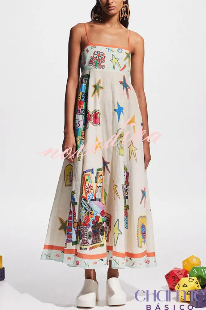 Miami Happy Hour Linen Blend Unique Print Smocked Back Pocketed Midi Dress Dresses