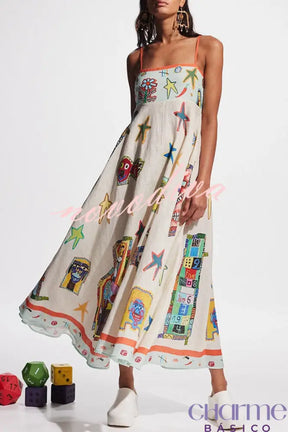 Miami Happy Hour Linen Blend Unique Print Smocked Back Pocketed Midi Dress Dresses