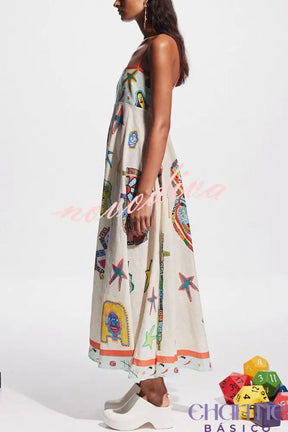 Miami Happy Hour Linen Blend Unique Print Smocked Back Pocketed Midi Dress Dresses