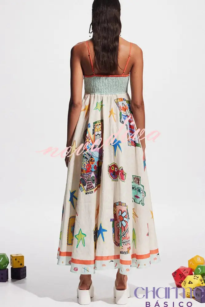 Miami Happy Hour Linen Blend Unique Print Smocked Back Pocketed Midi Dress Dresses