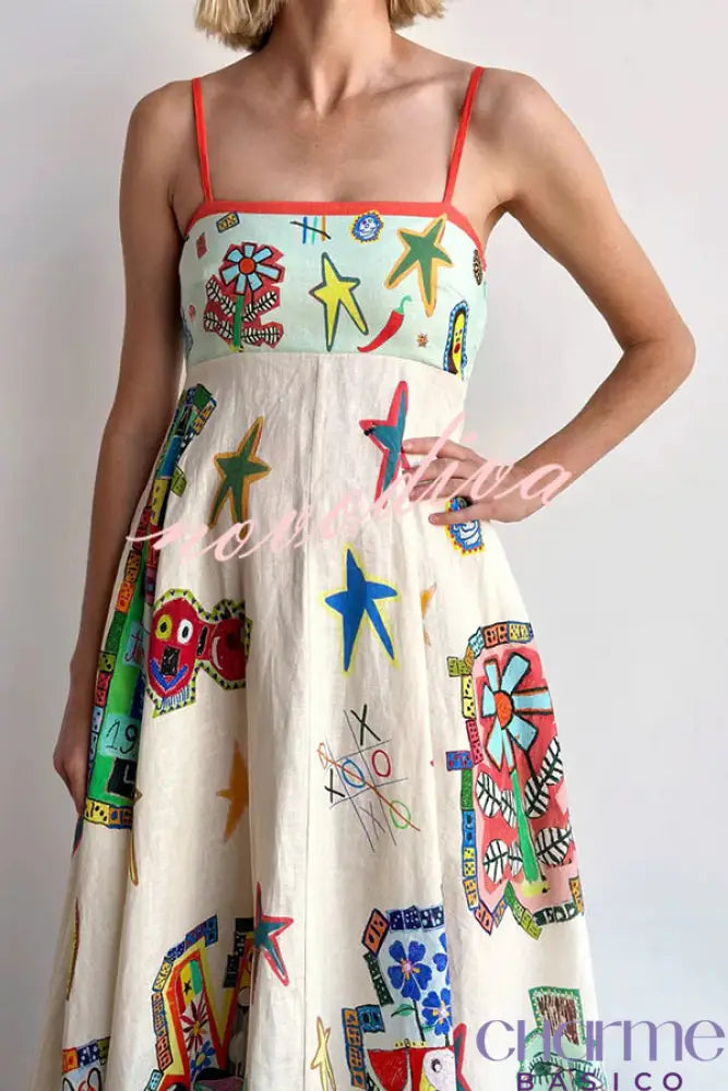 Miami Happy Hour Linen Blend Unique Print Smocked Back Pocketed Midi Dress Dresses