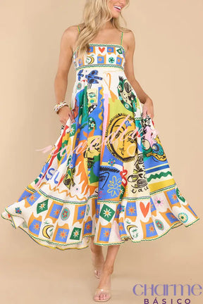 Joyful Glow Goddess Linen Blend Unique Print Pocketed Smocked Back Midi Dress Dresses