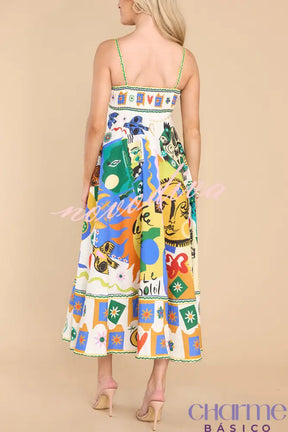 Joyful Glow Goddess Linen Blend Unique Print Pocketed Smocked Back Midi Dress Dresses