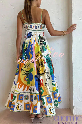 Joyful Glow Goddess Linen Blend Unique Print Pocketed Smocked Back Midi Dress Dresses