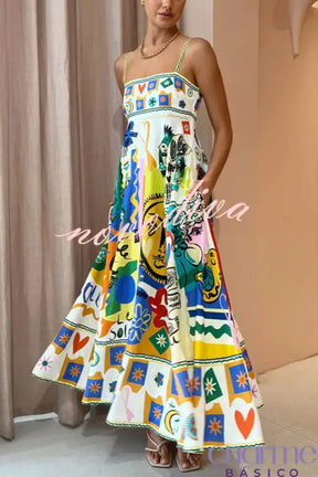 Joyful Glow Goddess Linen Blend Unique Print Pocketed Smocked Back Midi Dress Dresses