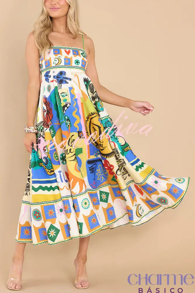 Joyful Glow Goddess Linen Blend Unique Print Pocketed Smocked Back Midi Dress Dresses