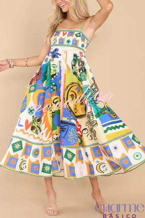 Joyful Glow Goddess Linen Blend Unique Print Pocketed Smocked Back Midi Dress Dresses