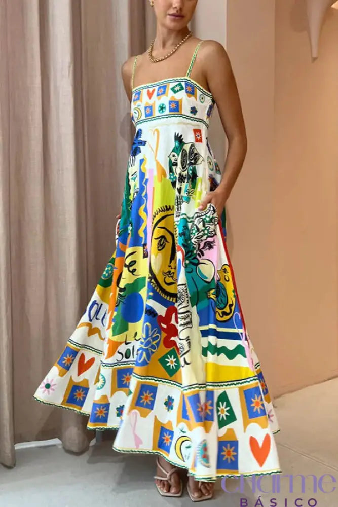 Joyful Glow Goddess Linen Blend Unique Print Pocketed Smocked Back Midi Dress Multicolor / S Dresses