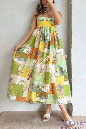 Dragon Family Printed Linen Blend Pocketed Back Knotted Midi Dress Dresses