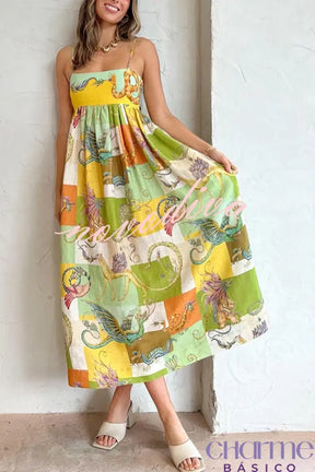 Dragon Family Printed Linen Blend Pocketed Back Knotted Midi Dress Dresses