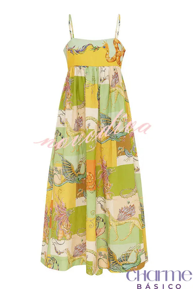 Dragon Family Printed Linen Blend Pocketed Back Knotted Midi Dress Dresses