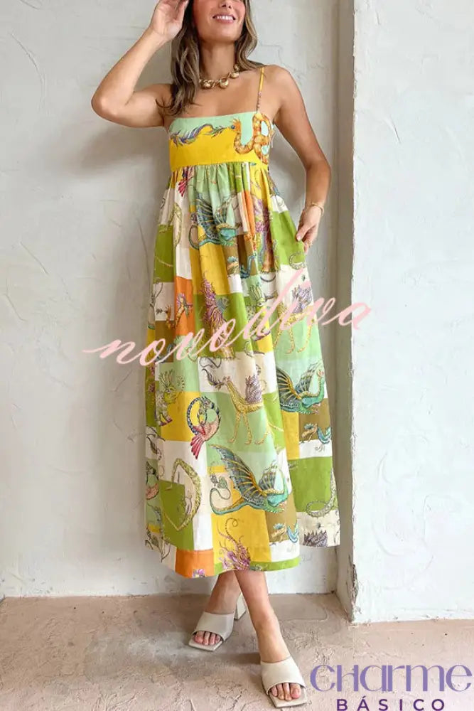 Dragon Family Printed Linen Blend Pocketed Back Knotted Midi Dress Dresses