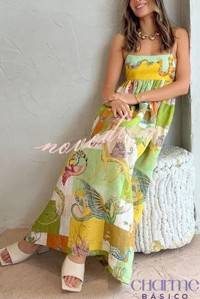 Dragon Family Printed Linen Blend Pocketed Back Knotted Midi Dress Dresses