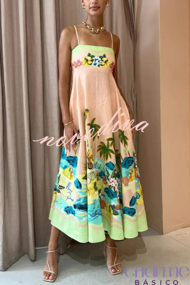 Vacation Coconut Scenery Linen Blend Tropical Print Smocked Back Midi Dress Dresses