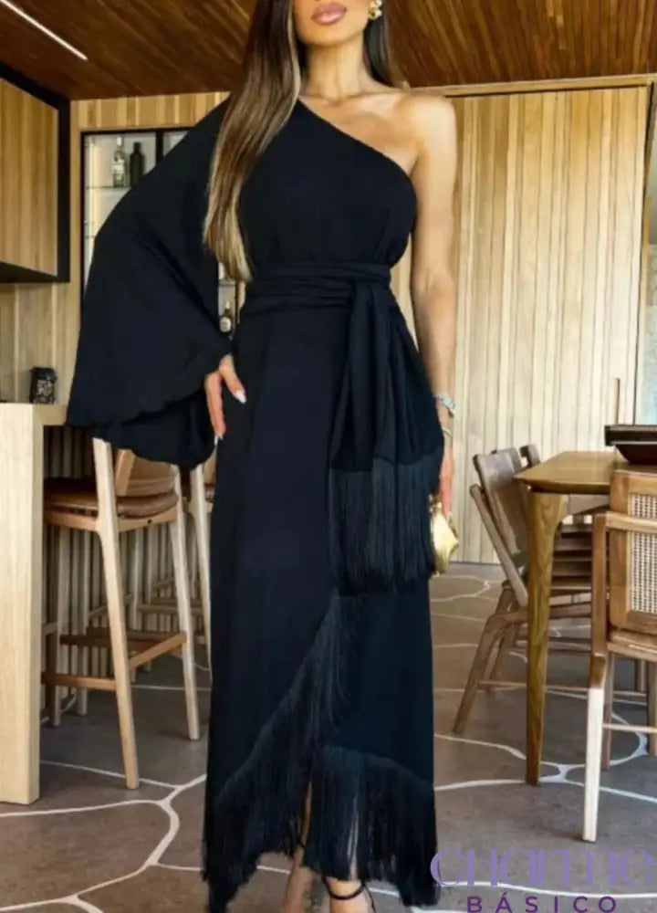 Vestido Midi Transpassado Manga Única Ab261 Preto / P