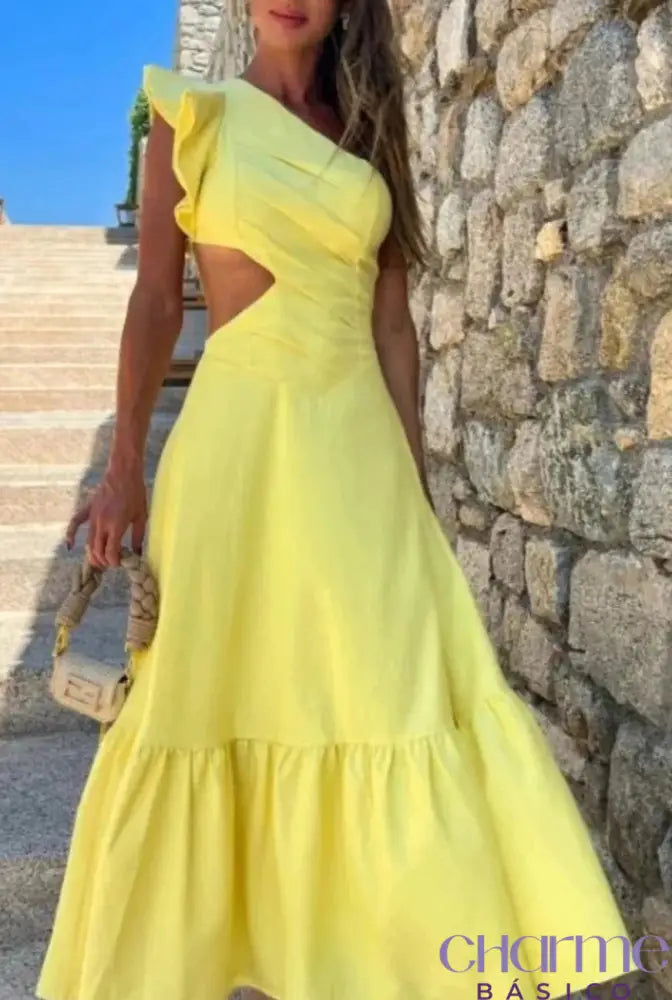 Vestido Ombro Único Com Babado Ab286 Amarelo / P