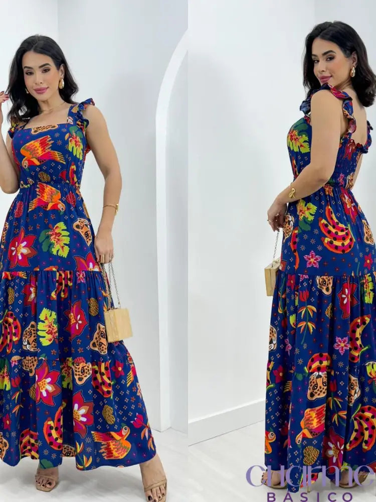 Vestido Rafaela Em Viscolinho – Azul Floral Vibrante / P